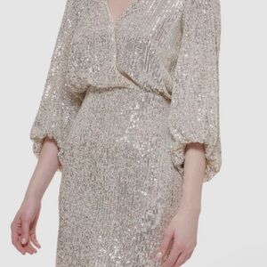 Eliza J Womens' Silver Sequined Surplice V-Neck Blouson Dress Petite Size 4P